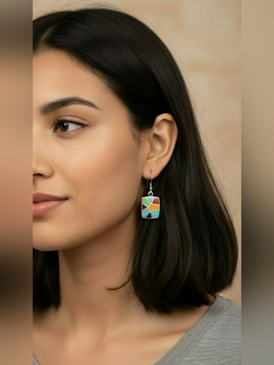 Handcrafted Jewelry - Vintage Inlaid Sterling Multi Stone Southwestern Handcrafted Artisan Earrings